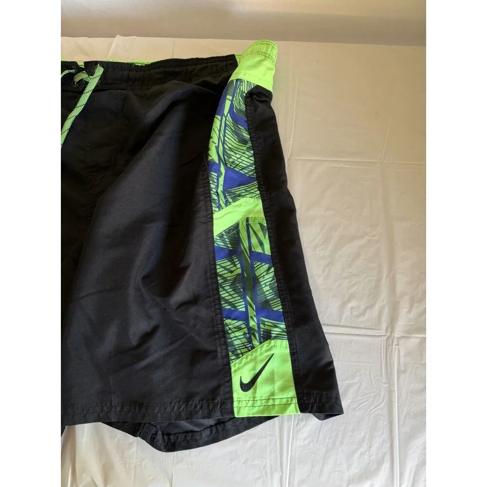 Nike Men’s Board Shorts Swim Trunks Black Neon Green Blue Drawstring 21” Waist